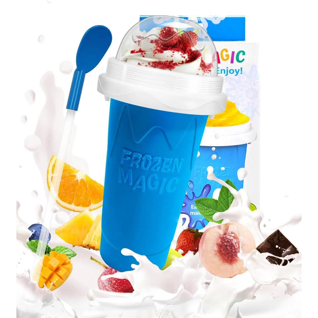 Slushie Cup, DIY Magic Slushy Maker Cups, Portable Slushy Cup for Juices, Milk and Ice Cream Make, Double Layers Silica with Lid & Straw for , Friends, Family (Blue)