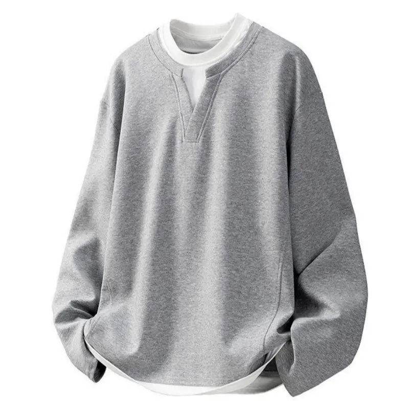 Fake two Henry collar sweaters, men's new loose casual and versatile long-sleeved pullover with bottoming shirt inside can be worn outside, men's and women's same long-sleeved T-shirt sweater, trendy and comfortable design, daily wear casual sweater summe