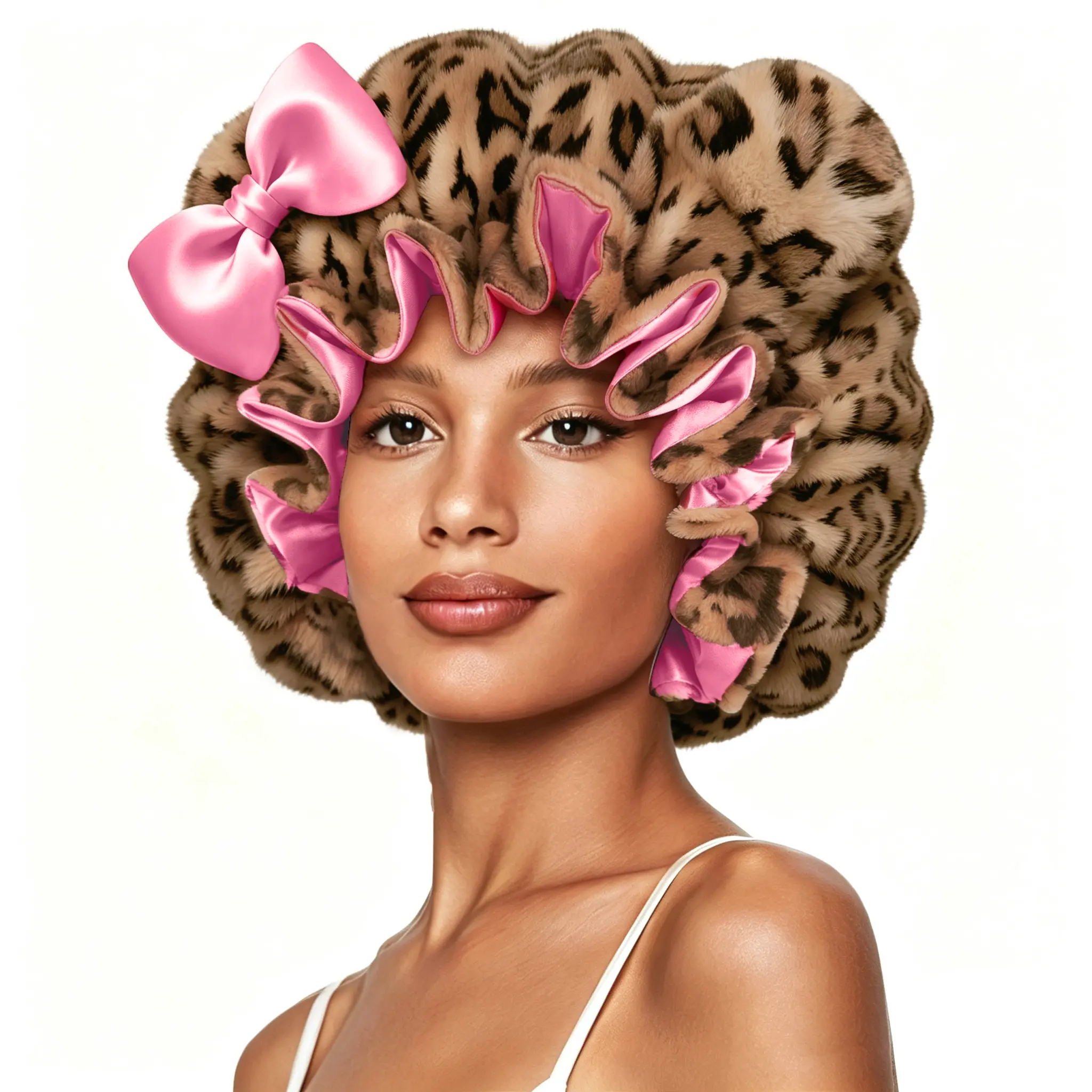 SeSe Code Cute Ruffled Plush Bow Sleep Bonnet, Anti-Frizz Protection for Curly Natural Braided & Extensions Hair, Overnight Hairstyle Preserver