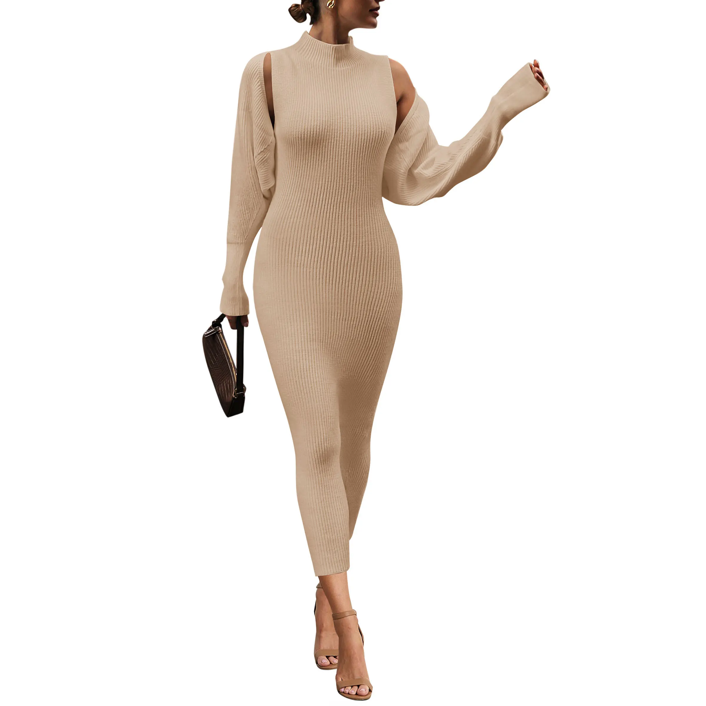 PrettyGarden Women's 2-Piece Outfits Bodycon Maxi Tank Pullover Sweater Dress And Long Sleeve Cropped Cardigan Knit Sets