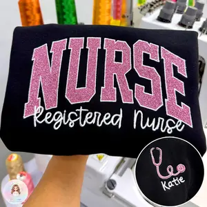 Custom Embroidered Glitter Nurse Sweatshirt, Personalized RN Stethoscope Sleeve