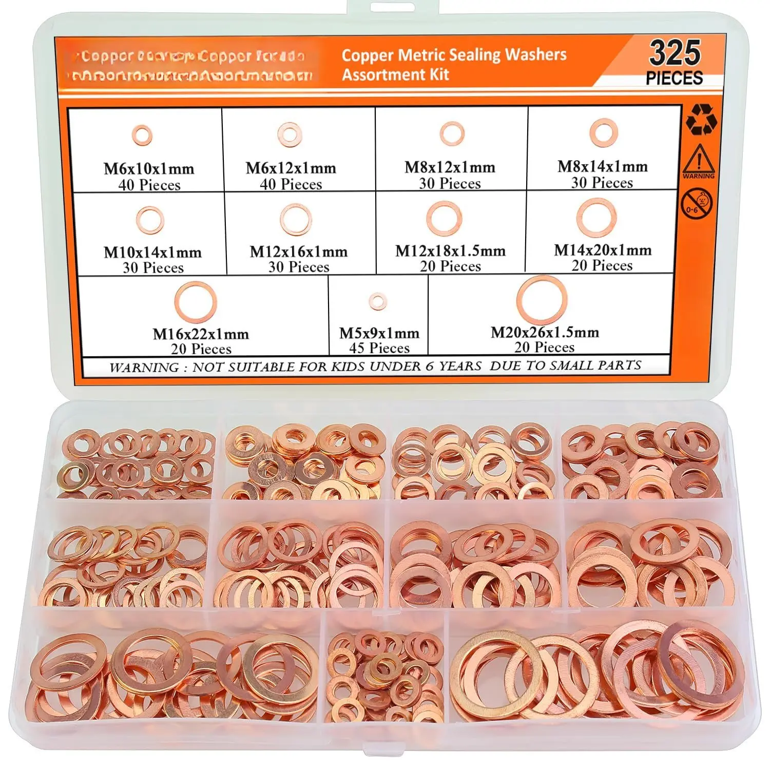 325 count Copper Washers,  11 Sizes Copper Metric Sealing Washers, Flat Washers Assortment Kit (M5 M6 M8 M10 M12 M14 M16 M20)