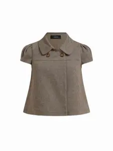 CIDER - Peter Pan Collar Houndstooth & Polka Dot Button Short Sleeve Blouse