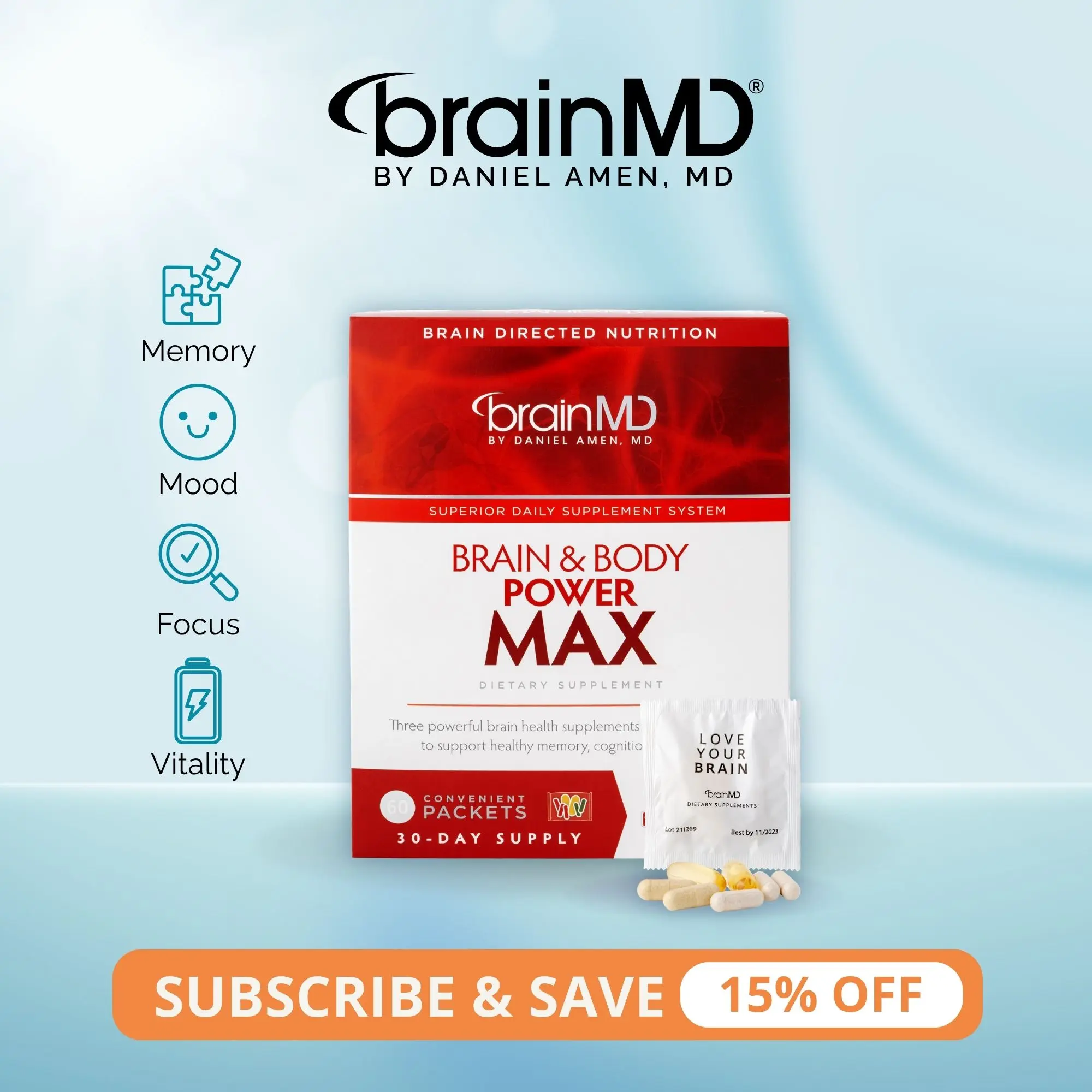 Brain & Body Power MAX | BrainMD | 60 Packets | Memory, Mood & Vitality Support | Focus, Heart & Immune Health | Multivitamin, Omega-3 & Nootropic Blend