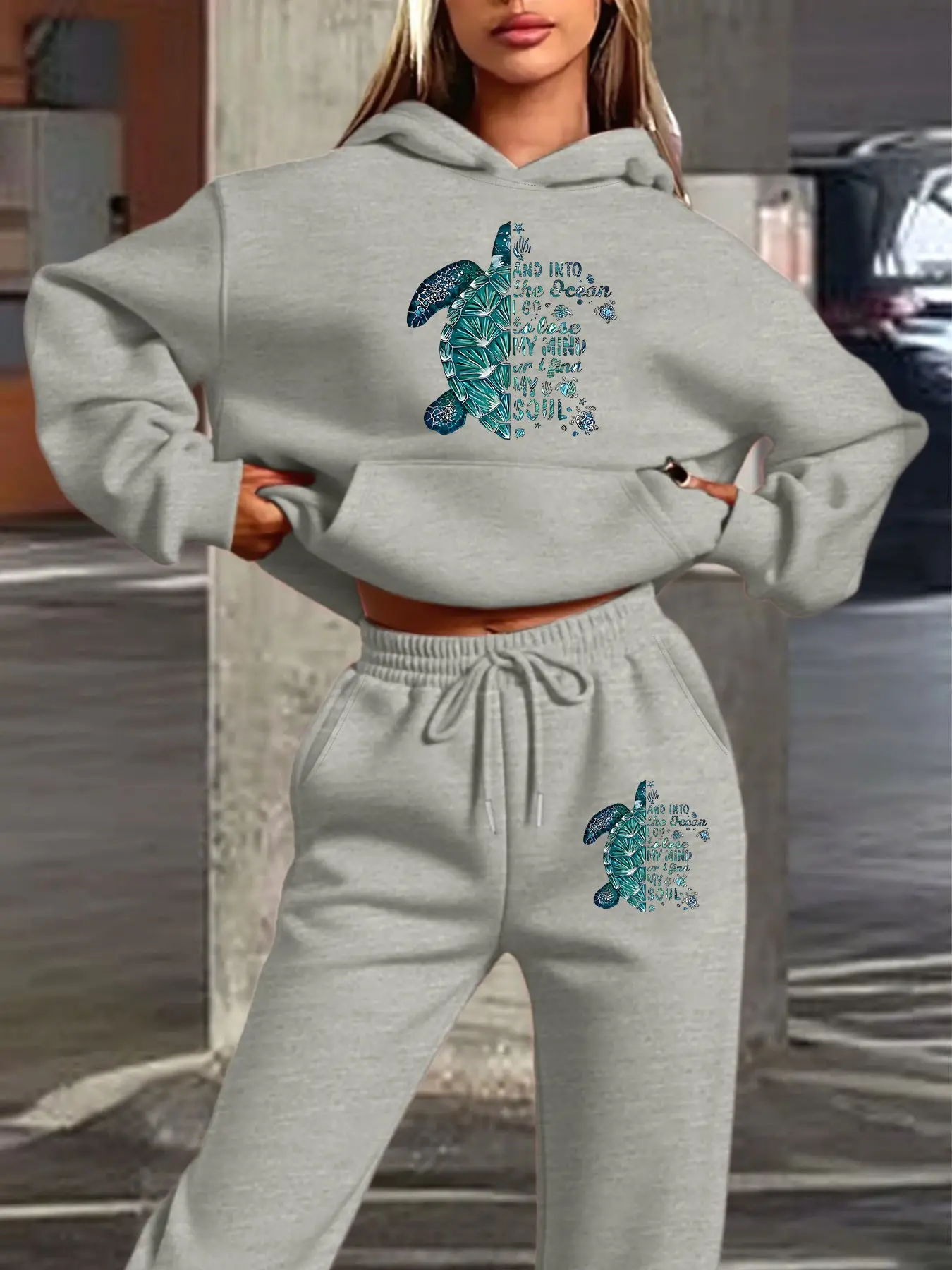 Women's Hooded Sweatshirt Set, Fall & Winter Casual Fitted Style, Turtle Ocean Print, Streetwear Loose Shoulder Design