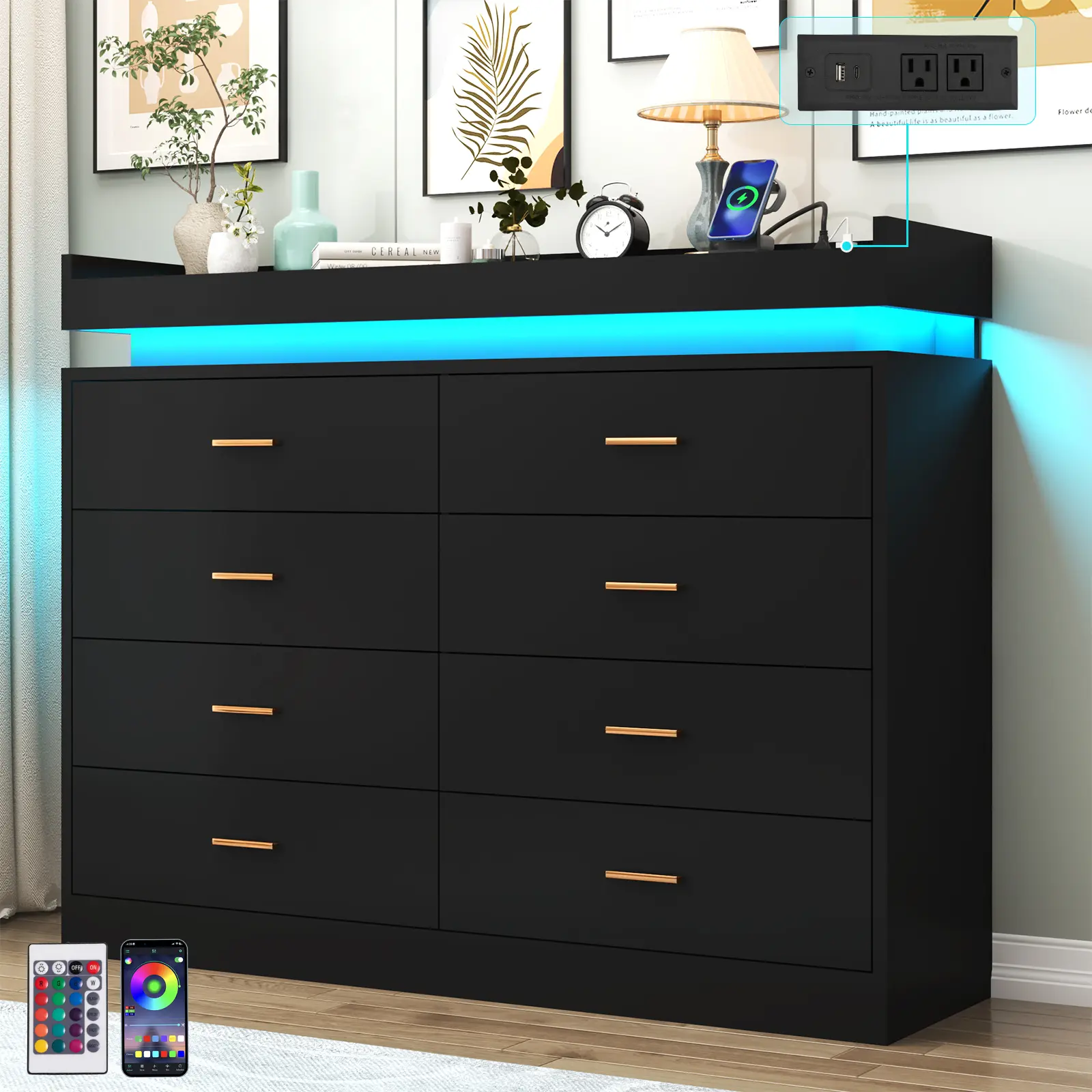 8 Drawer Dresser with LED Light and Charging Station, Modern Chest of Drawers for Closet, Wide Drawer Organizer Cabinet for Bedroom, Living Room, Entryway, Hallway(Black/White)