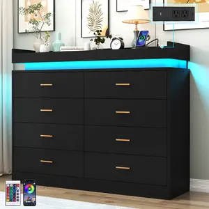 8 Drawer Dresser with LED Light and Charging Station, Modern Chest of Drawers for Closet, Wide Drawer Organizer Cabinet for Bedroom, Living Room, Entryway, Hallway(Black/White)