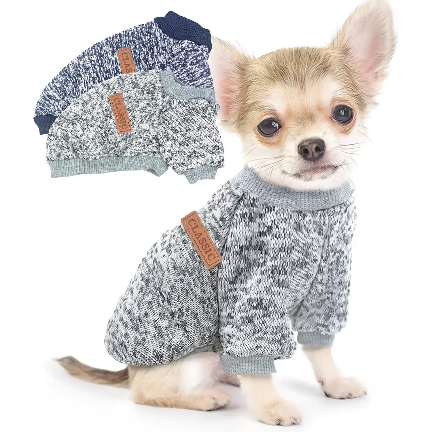 2 Pieces Dog Sweaters for Small Dogs Fall Dog Clothes Male Winter Fleece Pet Sweaters Warm Thick Puppy Outfit Small Dog Sweater for Boy Girl Dogs Teacup Dog, Yorkie, Chihuahua, Pug, XXS,Grey Navy