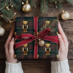 Teddy Bear Tartan Wrapping Paper: Dark Christmas Plaid Gift Wrap, Cozy Heritage Holiday Wrap, Christmas Teddy Bear Wrapping Papers, Holiday Gift Wrap,Luxury Christmas Wrap, Xmas Tree Pattern Wrap, Cute Gift Packaging, Christmas