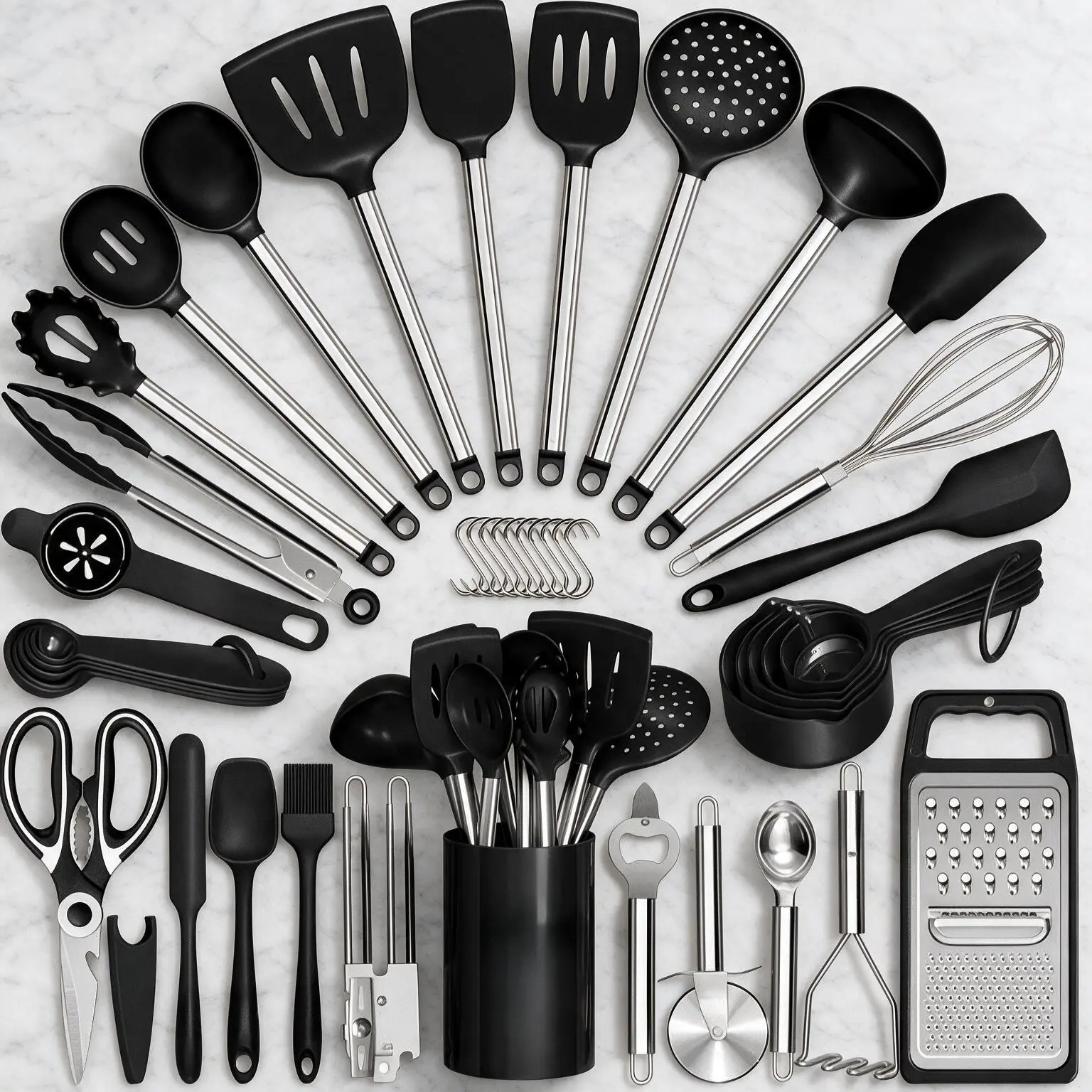 44-Piece Stainless Steel Handle Kitchen Utensil Set - Silicone Multi-Purpose Tools, Non-Stick Cookware Safe, Convenient Storage, Essential Kitchen Accessories