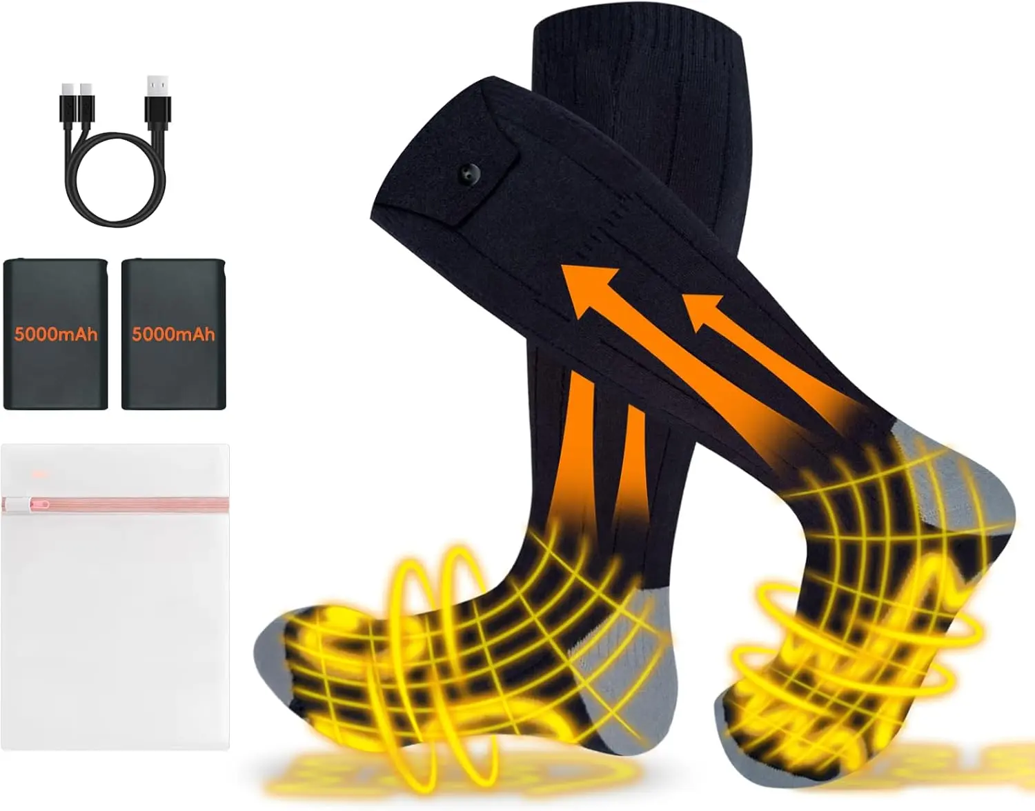 Heated Socks, Electric Heated Socks for Women Men, 5000mAh Rechargeable Up to 8 Hours, Washable Winter Warm Socks for Outdoors Work Skiing Hiking Hunting Fishing Riding Cycling Camping (Black)