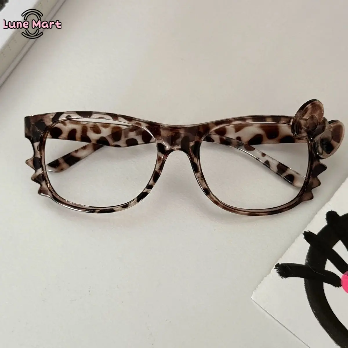 Lune Women's Kawaii Y2k Kitty Leopard Print Non-Prescription Glasses - Cute Cartoon Nerd Frames Trendy Decorative Fashion Eyewear Accessories