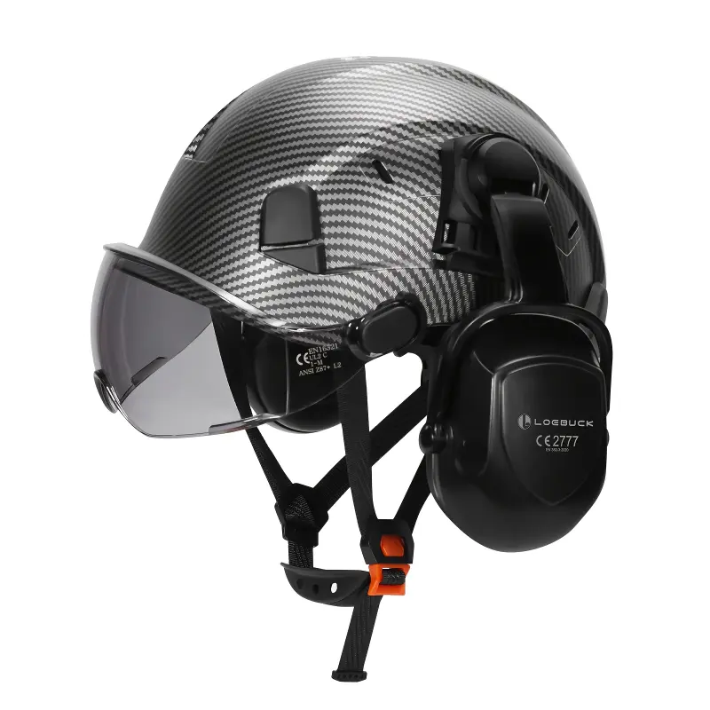 LOEBUCK Carbon Fiber Pattern Safety Helmet with Built-in Visor and Ear Muffs, Vented Design, ANSI Z89.1 Certified, Ideal for Industrial and Construction Use