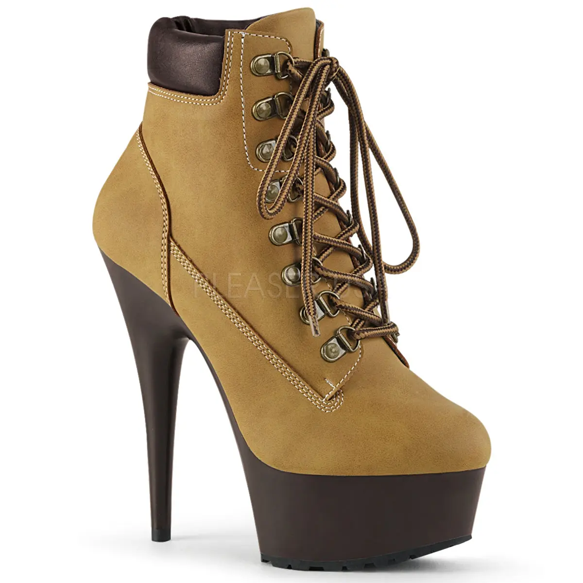 Women's Tan Nubuck Ankle Booties, Delight-600TL-02 Lace-Up Platform Boots with a 6" Heel and Rubber Lug Sole, Footwear, Zip, Ankle Length, 6 In, High Heel, Shoe, Padded