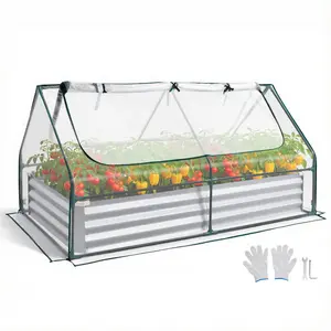 VEVOR Raised Garden Bed Kit, 6x3ft x1ft High Rectangular Galvanized Alu-Zinc Rustproof Metal Planter Box, Sun Resistant Roll-Up PE Greenhouse Cover, Gloves Included, Ideal for Plant Growth, Silver, 6X3ft Size