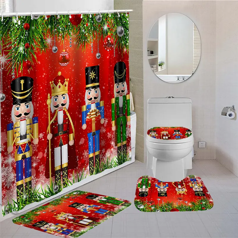 Christmas Nutcracker Shower Curtain Set 1pc/4pcs Bath Bathroom Shower Curtain Toilet Seat Bath And Non-Slip Toilet Covers Polyester Fabric Washable Curtain for Windows Bathroom Additions