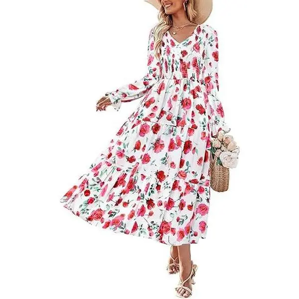 ZESICA Womens Floral Boho Maxi Dress 2026 Spring Summer Casual Long Sleeve V Neck A Line Flowy Wedding Guest Dresses