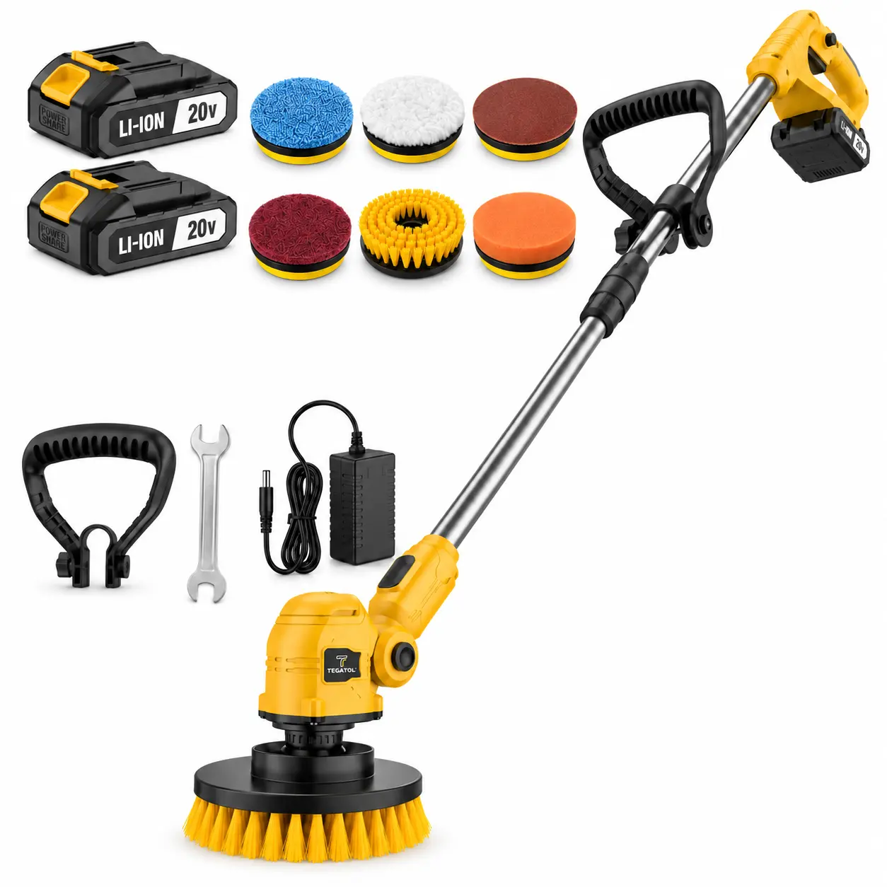 20V Cordless Electric Spin Scrubber with Battery & Charger, Long Handle, Adjustable Cleaning Head & Interchangeable Brushes for Tile Floors, Bathroom, Kitchen & Patio Cleaning