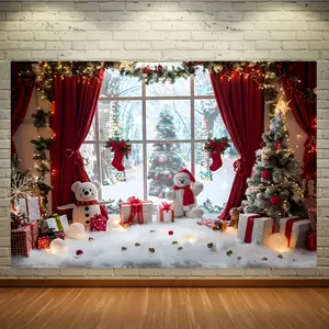 1Pcs Winter Wonderland Christmas Photography Backdrop, Vibrant Village Window Scene with Snowman Trees Gifts, Perfect for Holiday Parties Home Decor Studio Props, Photo Backdrops