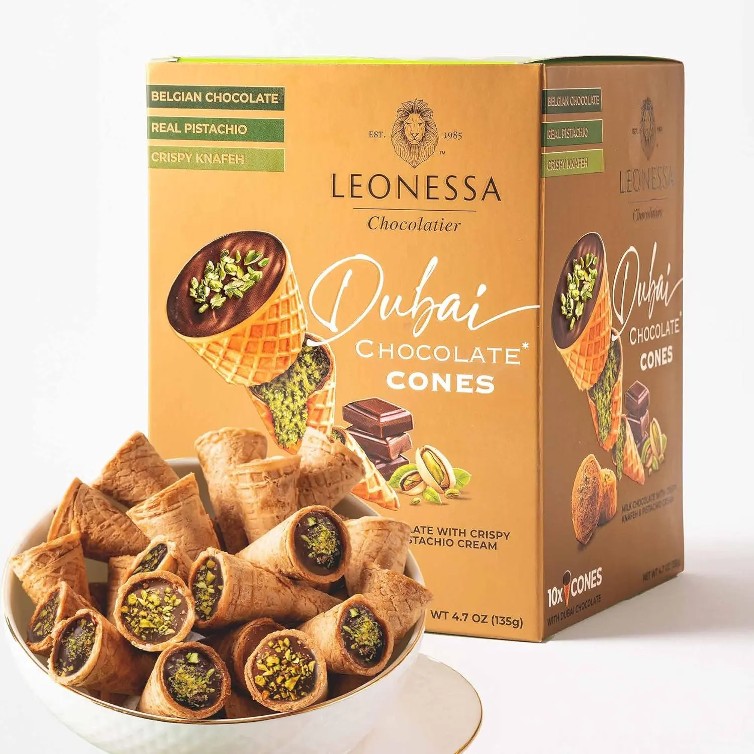 Dubai Chocolate Cones with Pistachio Kunafa | Made with Premium Belgian Chocolates | Kunafa Chocolate | Chocolates de Dubai - 4.7 oz
