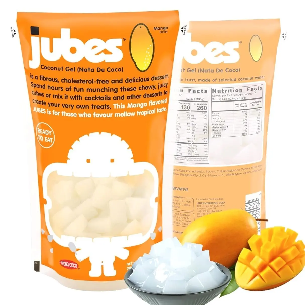 Jubes Mango Nata De Coco Jelly Cubes 12.7 oz - Mango Coconut Jelly Cubes for Sago - Coconut Gel in Syrup Toppings for Fruit Tea, Boba, Bubble Tea, Drinks, Desserts Yogurt, Ice Cream, Beverage