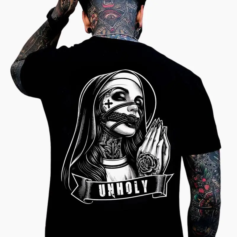 Unholy Dark Nun Graphic Print Sports Top - Cotton Crew Neck T-Shirt, Layer-Ready Hoodie, Streetwear Casual Summer Outfit, Aesthetic Tattoo Merch, Vintage Graphic Apparel, Mother's Day Gift (Cold Wash Safe)