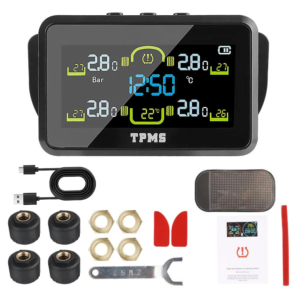 T14-1 Wireless Solar Tire Pressure Monitoring System, Car Tire Pressure Monitor with 4 External Sensors, Car Tire Pressure Monitoring System, Car Parts, Car Accessories, Tpms Tire Pressure Monitor System