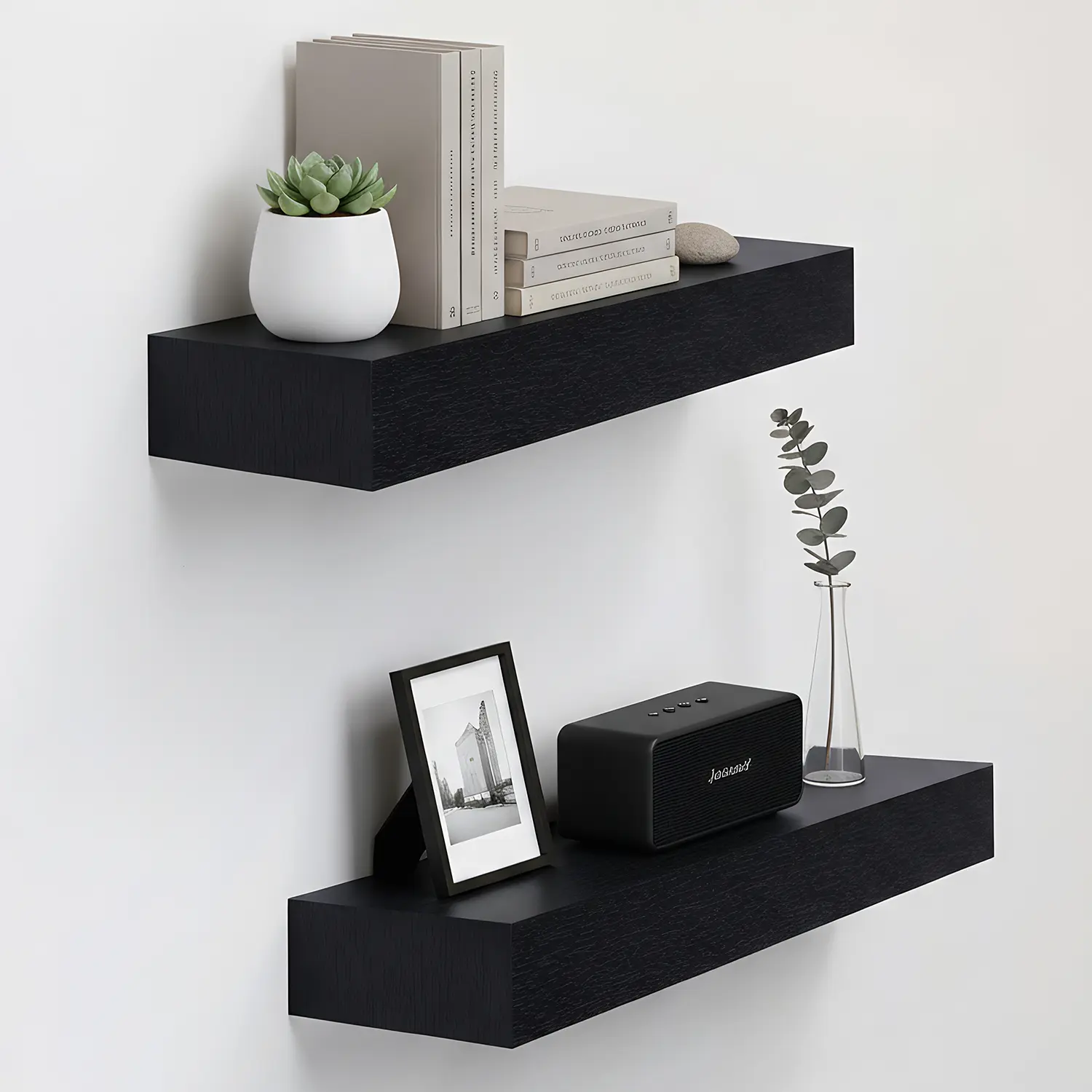 Spaco Black 2-Shelf Hanging Wood Floating Shelves (18.11in, B-Style) - Invisible Brackets, Wall-Mounted Organizer, Easy Installation for Living Room, Kitchen, Decoration, Room Decor, Wall Decor