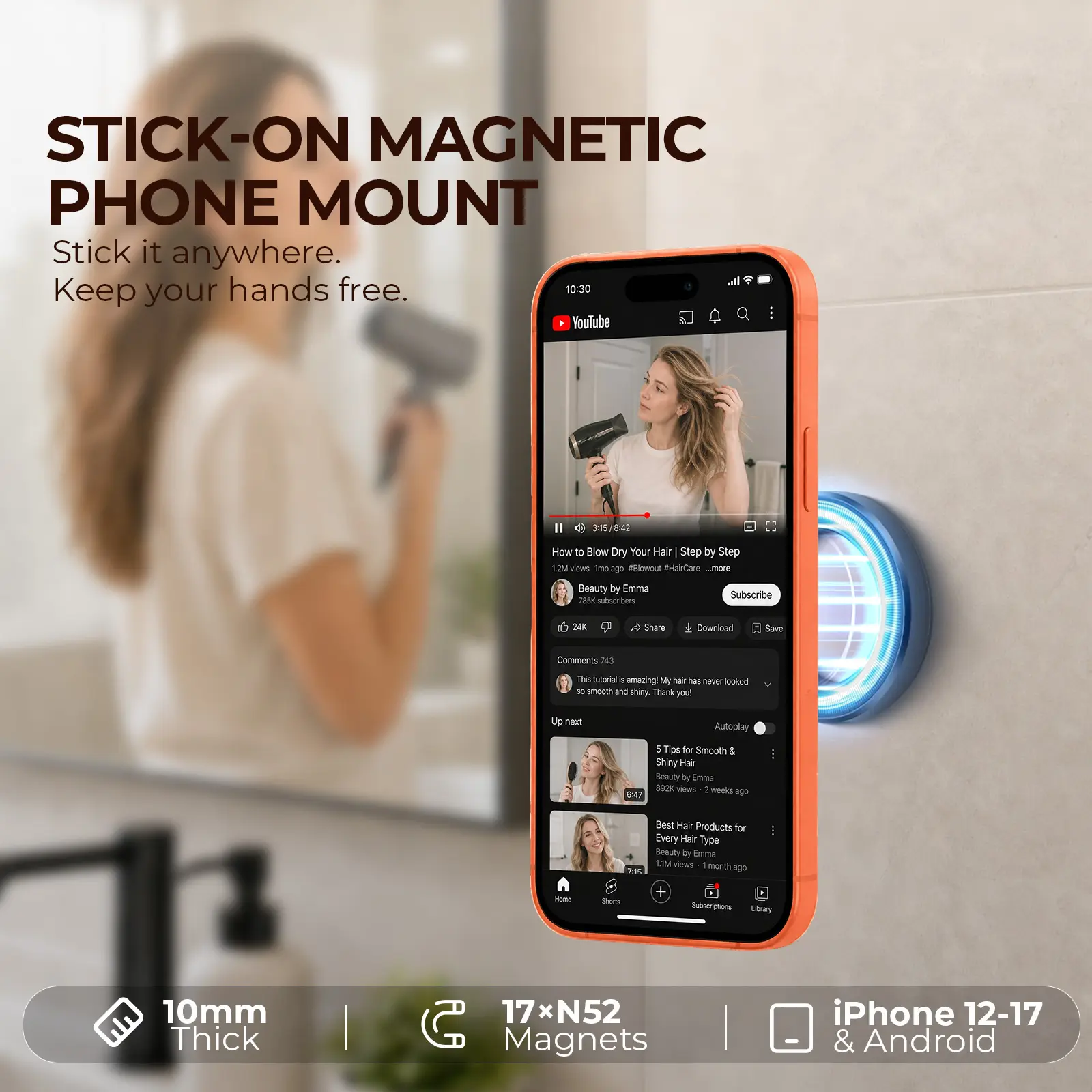 A2C Stick-On Magnetic Phone Mount with 3M VHB Adhesive, 10 mm Thick, 17 N52 Magnets, Strong Hold, Waterproof, Low Profile Smartphone Accessory for Kitchen & Office | Fits iPhone 12–17 and Android Phones with Included Metal Ring
