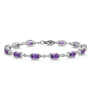 Gem Stone King 925 Sterling Silver Purple Amethyst and White Moissanite Tennis Bracelet For Women (6.31 Cttw, Gemstone Birthstone, Oval 6X4MM, 6.5, 7, 7.5 Inch)