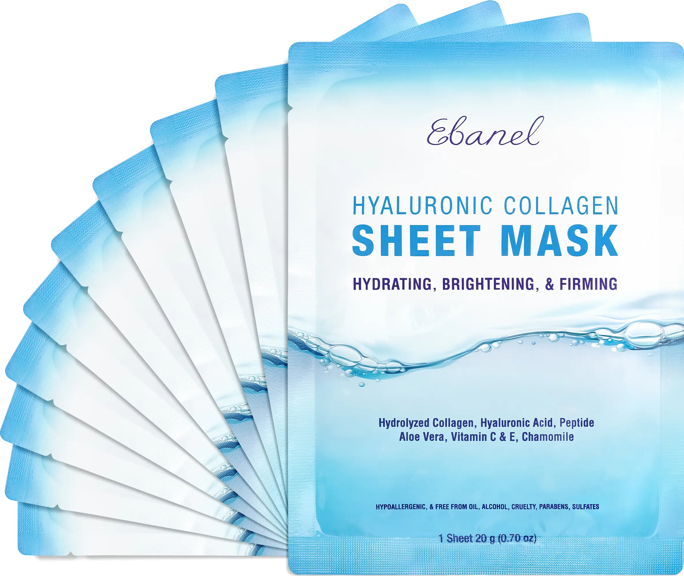 Ebanel Hyaluronic + Collagen Mask 10 Pack Firm Brighten Hydrate Aloe Vera Vitamin C Soothing Skin Repair