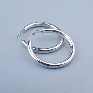 925 Sterling Silver Plated Hoop Earrings for Women,  Hypoallergenic Post Hoops 50MM, Classic Polished Earring Chunky with Lightweight Comfort for Everyday Wear