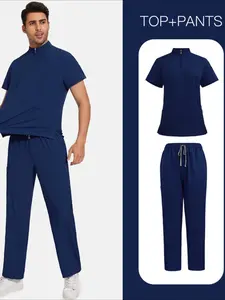 Unisex Plus Size Lightweight Quick Dry Stand Collar Long Sleeve Solid Color Pants Hand Wash Clothes Pet Doctor Nursing Wear Pet Grooming Attire Veterinary Work Clothes
