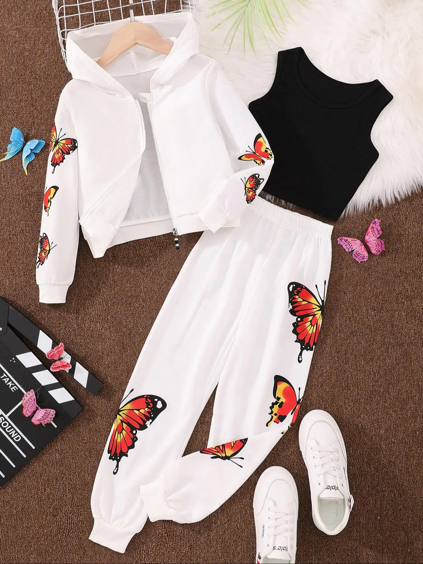 Girl's Butterfly Print Zip Up Hoodie & Crop Tank Top & Pants Three-piece Set, Casual Long Sleeve Hooded Sweatshirt & Top & Trousers, Kids Clothes for
