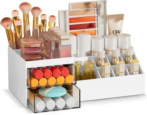 Makeup Organizer with Drawers, Easy Storage for Beauty Products Brushes, Multifunction Plastic Desk Organizer, Cosmetics Organizer for Countertop Dresser Vanity and Bathroom (White) Gift Smooth Foundation