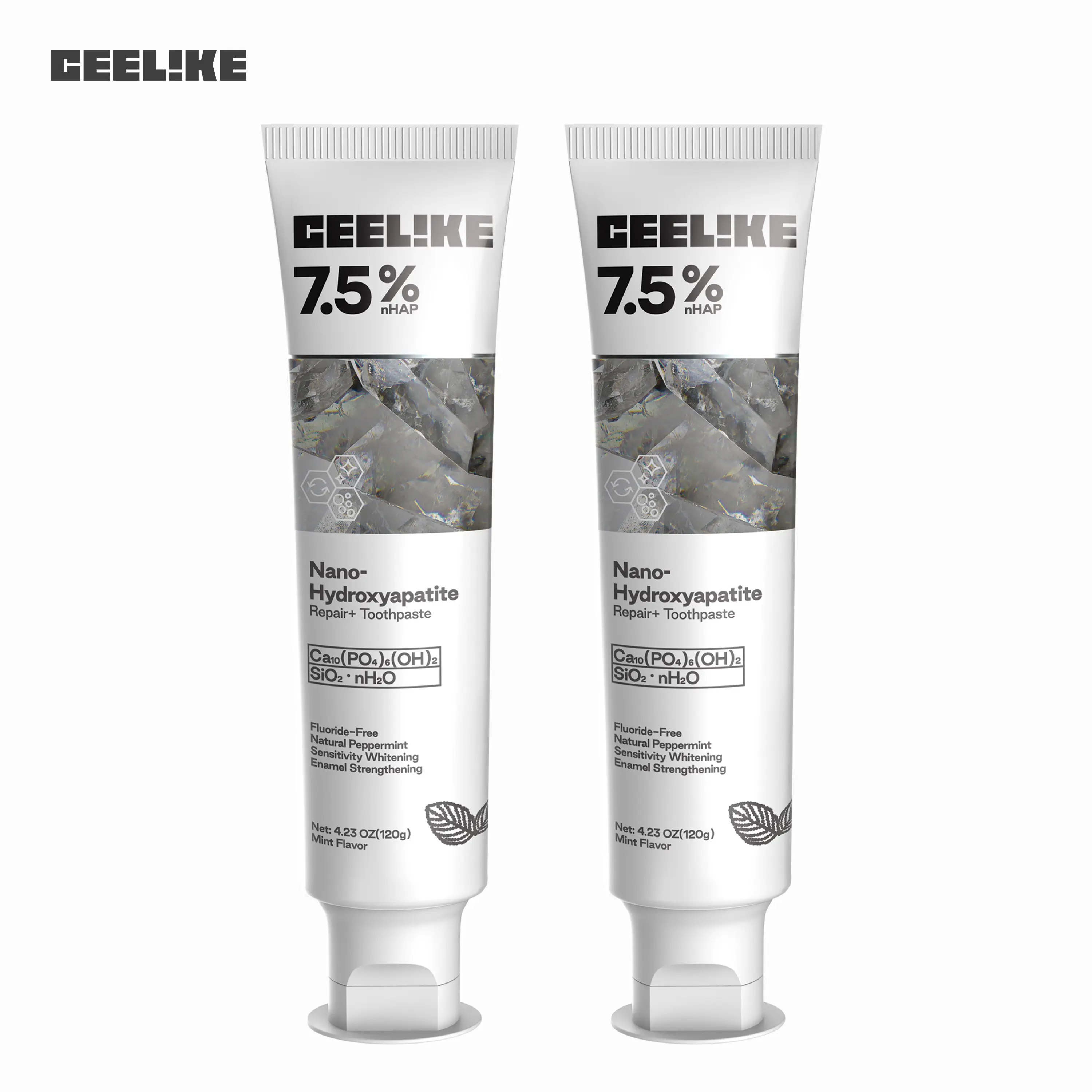 Ceelike 7.5nHAP Toothpaste (2-Pack, 2 Tubes) - Fluoride-Free, Daily Multi-Protection Oral Care for Adults, Gentle Care, Fresh Mint, Cleansing, Antibacterial, Brightening
