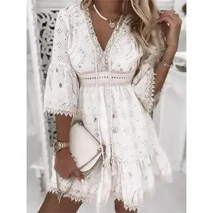 Elegant women’s white hollow mini dress for summer, featuring a V-neck, spliced straps, and three-quarter sleeves; suitable as a vacation beach dress or an elegant formal white dress; basic style GARMENTARY