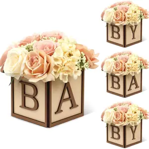 4pc brown baby shower with a flower box placed in the center of the dining table, a wooden box with the letters BABY, suitable for gender revealing parties (without flowers)
