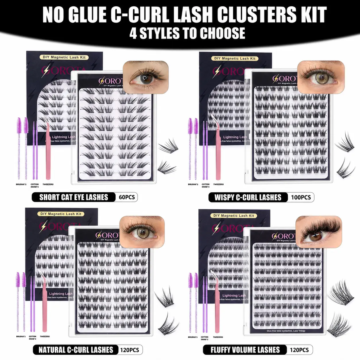 Gorota No Glue Individual Lash Kit, Jelly-Coated Self Adhesive False Eyelashes with Tweezers, Easy Application, Beginner Friendly No Glue Lash Kit