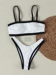 Women's 2-Piece Polyester Bikini Set - Square Neck, Contrast Trim, High Cut, Tummy Control, Slimming Fit, Stretch Fabric, Standard Sizes Beach Bathing Suit for Swimwear Enthusiasts