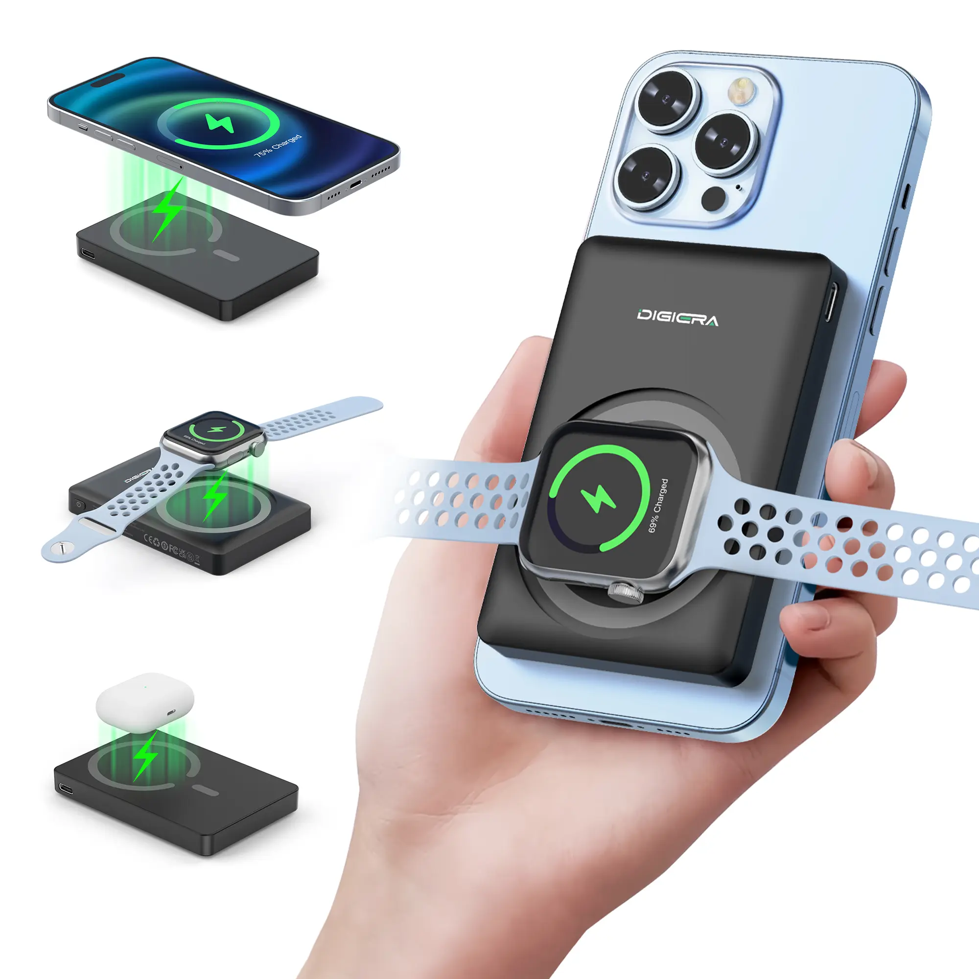 Digiera 5000mAh Magnetic Wireless Power Bank for iPhone 12–17 Series, Portable Charger Compatible with MagSafe Cases, Charging the Apple Watch, AirPods, and Other Travel Electronics，Back-to-School Essentials
