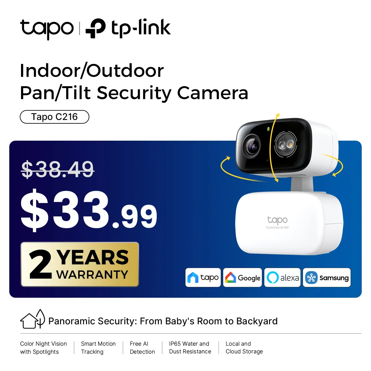 TP-Link & Tapo C216/C246D/C260 Pan/Tilt Indoor/Outdoor Security Camera,Single/Dual Lenses,2K 3MP/4K 8MP,AI-Powered Detection,No Subscription,Motion Tracking,Color Night Vision,360° Pan/Tilt, Works w/Alexa & Google  #SummerWins #DealsForYouDays