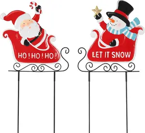 2Pcs Christmas Yard Stakes Xmas Metal Garden Stakes LET IT SNOW Decor Signs Santa Claus and Snowman Outdoor Lawn Christmas Garden Decorations Santa Gift