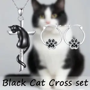 3 Pcs/Set Gothic Cat Cross Necklace & Paw Earrings Set - Edgy Alloy Jewelry for Halloween, Daily Wear, Music Festivals Cute Gothic Gift
