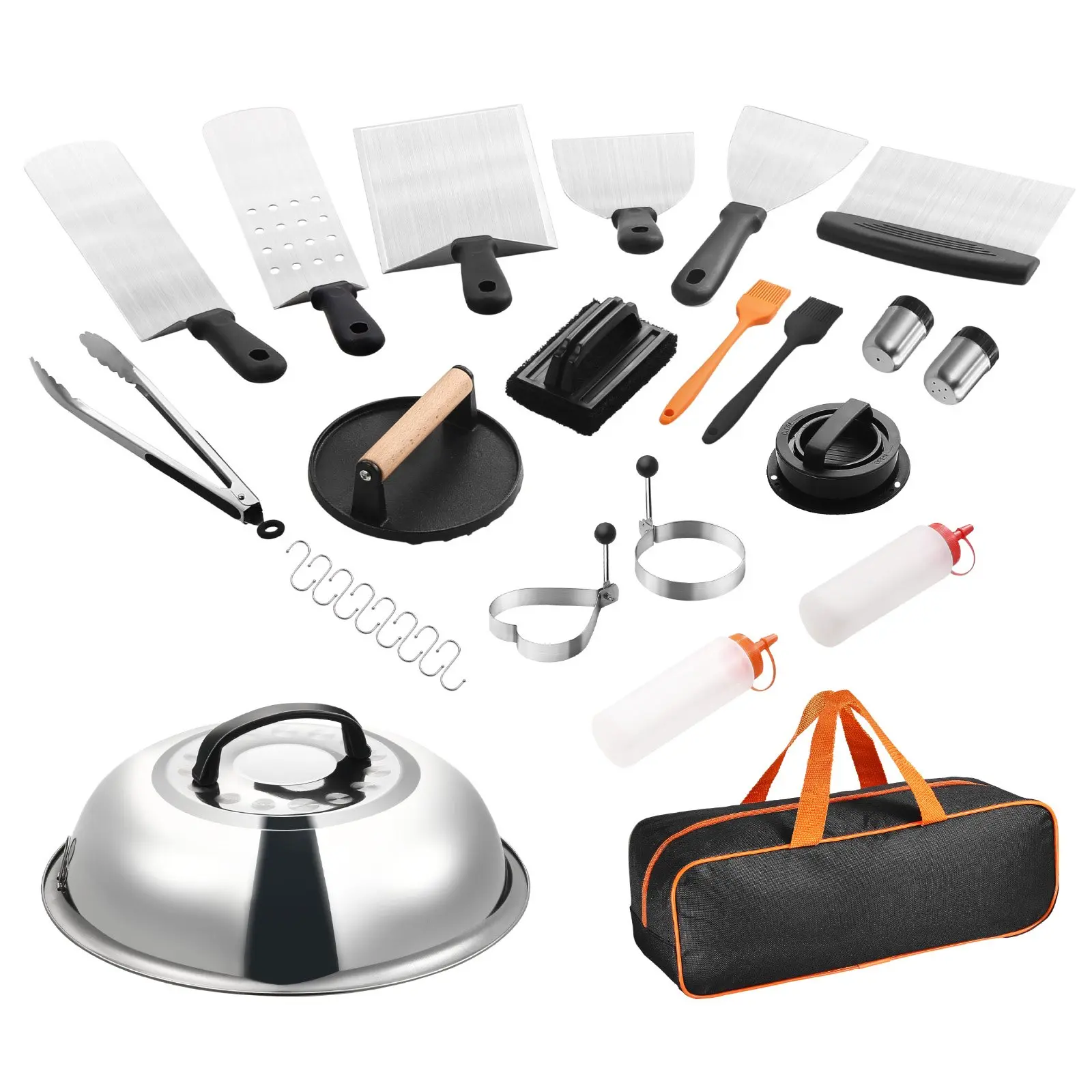 VEVOR 28-Piece Heavy-Duty Thick Stainless Steel BBQ Grill Utensils Set with Silicone Handles - Enlarged Spatula, Basting Cover, Tongs, Burger Press, Grill Brush, Carry Bag, 15.55 x 13.19 x 5.31 in, 6.61 lbs, Outdoors Meat Grilling Teppanyaki Tools