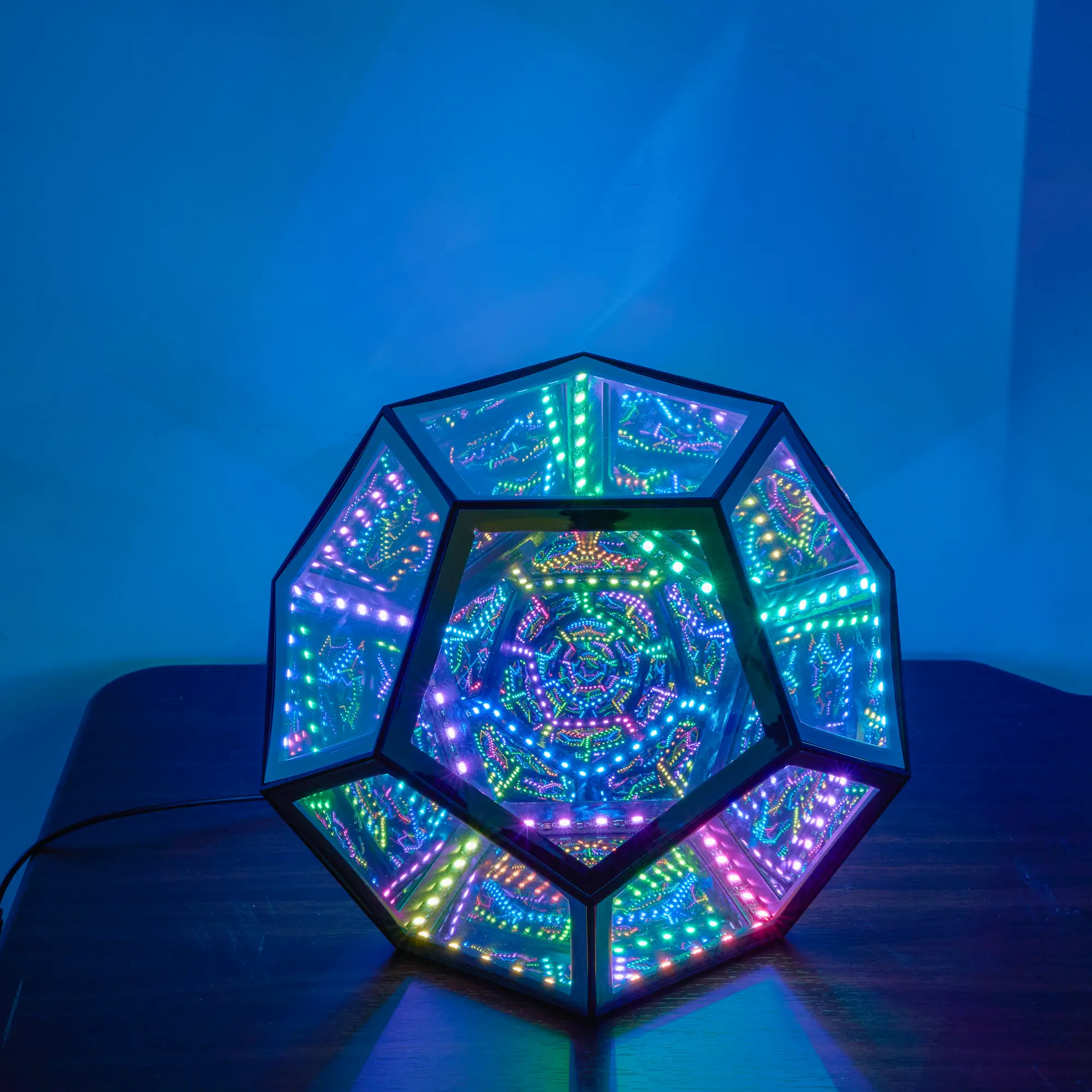 Infinity Trance LED Table Lamp, RGB Color-Changing Geometric Mirror Light with Infinite Tunnel Effect and Openable Display Design for Bedroom, Gaming Desk, Living Room, or Ambient Décor