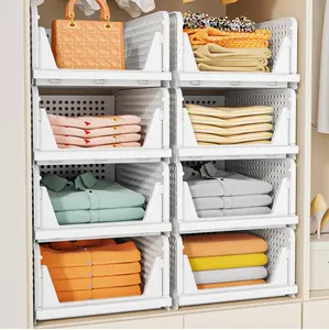 5-Pack Stackable Foldable Plastic Waterproof Organizing Baskets - Folding Closet Organizers, Closet Storage Solution for White Home Wardrobe Wall Organization