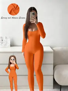 Women's Plus Size Elastic Tight Jumpsuit U-Neck Long Sleeve Fashion Sportswear Autumn Winter Women's Clothing Stretchable Activewear