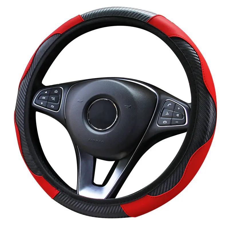 Car Steering Wheel Cover, 15 inch Carbon Fiber Microfiber PU Leather Elastic Steering Wheel Protector for Men Women, Anti-Slip Breathable Car Interior Accessories for Most Cars (Red)