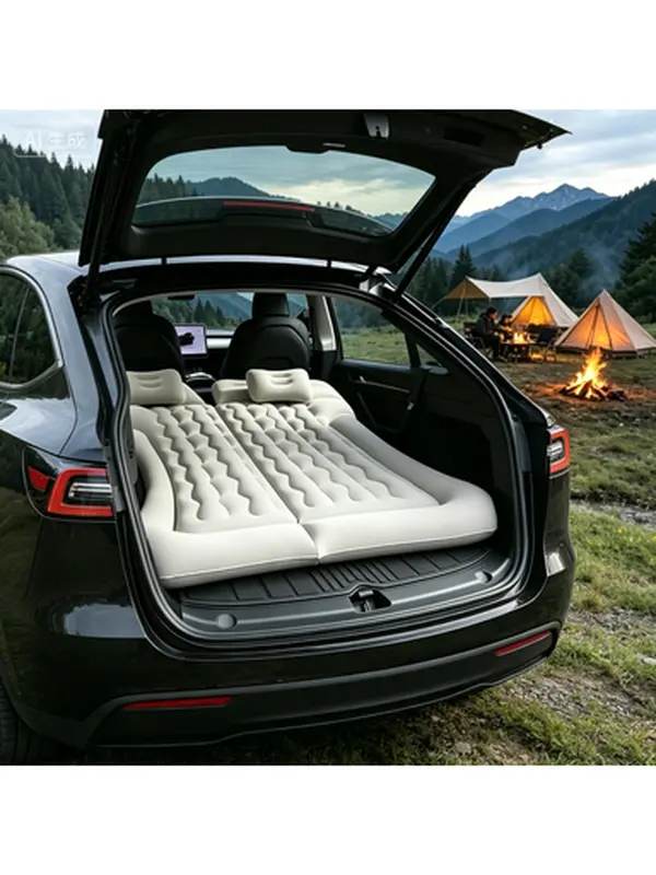 Flocked Fabric Car Sleeping Bed - Upgraded Thick Portable Vehicle Air Mattress, 2 Support Pillows, Built-in Quick-Inflate Pump, Foldable SUV Outdoor Cushion for Road Trips, Camping